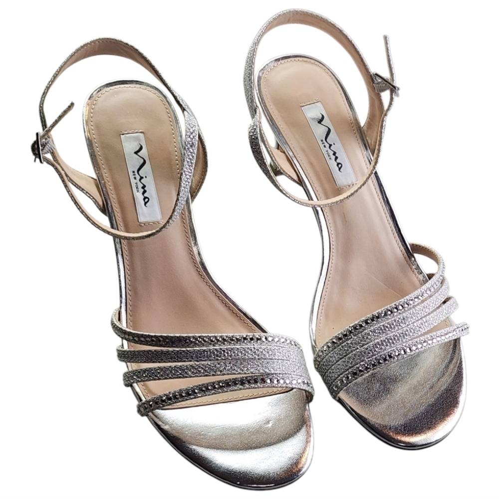 Nina Nelena Strappy Crystal Heels Gold 2" Sandals Party Wedding 9.5M